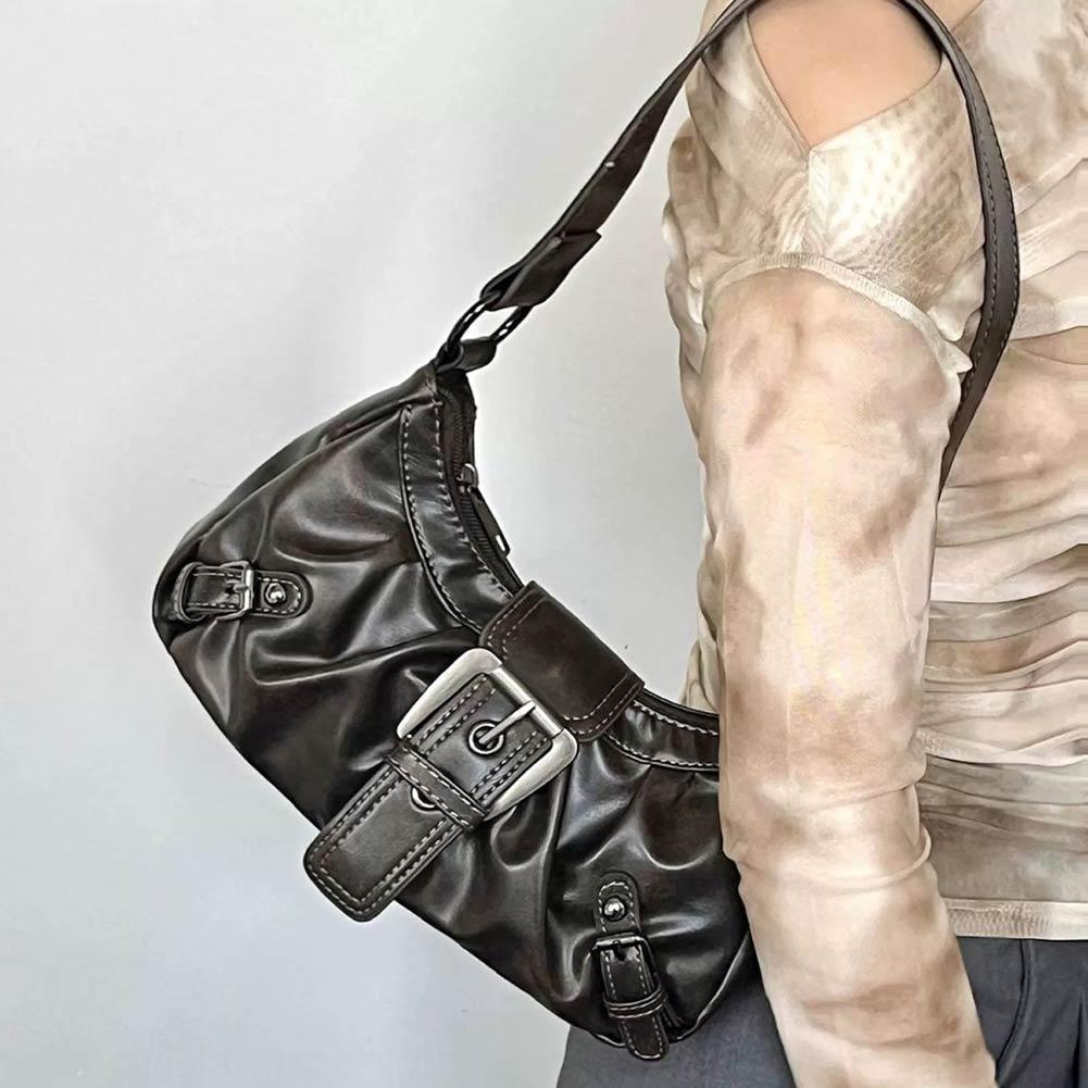 Leather Work Handbags - Sac à bandoulière plissé rétro Y2K